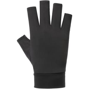 A pair of black fingerless gloves featuring a sleek design and a snug fit. The gloves have a logo on them.