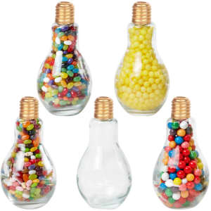 A drink bottle shaped like a bulb, featuring a variety of colourful beads and a gold-coloured lid.