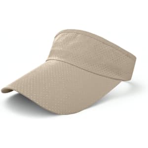 A beige breathable sun visor featuring a perforated design and a wide brim. It has a logo on one side.