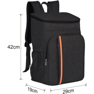A large capacity cooler backpack in black with an orange stripe, featuring adjustable straps and multiple pockets.