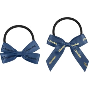 Two elastic hair bows: one in navy with 'Forward' text, and another in navy with 'Chocolate' text.