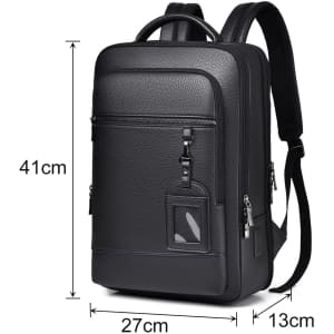 A black polyurethane laptop backpack with multiple pockets and adjustable straps, featuring a logo on the front.