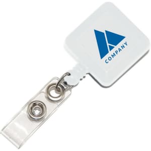 A white square retractable card holder with a clear strap and a logo.