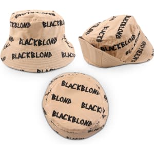 A full-size sublimation bucket hat in beige with repeated black branding, showcasing multiple angles of the product.