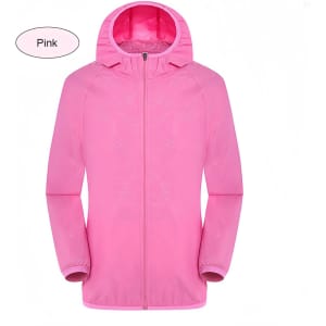 A pink unisex adult jacket made of 100% polyester, featuring sun protection and a hood. It has a logo.