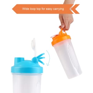 A drink bottle in clear plastic with a blue lid and orange loop top for easy carrying. Features a mixing ball inside.