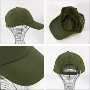 A lightweight cap in olive green with a buckle adjustment, featuring a structured design and an interior lining.