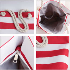 A red and white striped tote bag featuring a rope handle and a spacious interior with a zip closure.