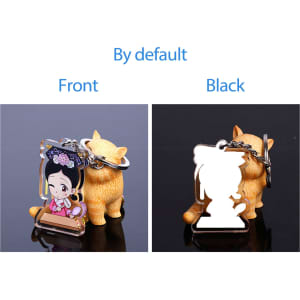 A custom shape acrylic keyring with a design featuring a character, displayed on a black surface alongside a cat figure.