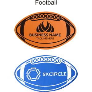 An orange and blue foam football with black outlines and a logo on each side.