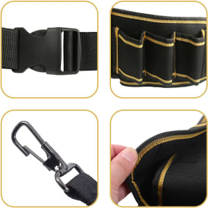 A black waist tool bag with multiple pockets, a buckle closure, and a secure clip. Features yellow stitching.