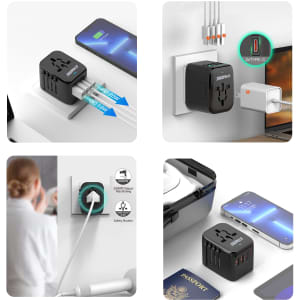 A universal travel adapter in black with USB-C ports displayed in various settings, including a wall socket and next to a phone.