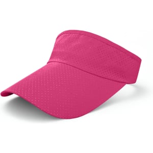 A pink breathable sun visor with a wide brim and perforated design for ventilation. It features a logo on the side.