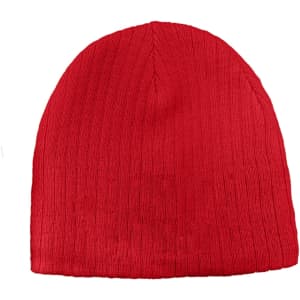 A red cable knit beanie with a ribbed texture, featuring a logo on the side.