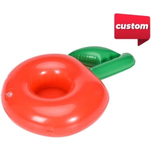 An inflatable cup holder in bright red and green, featuring a circular holder and a leaf-shaped handle.