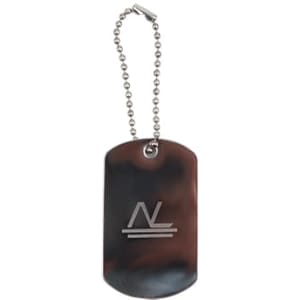 A metal dog tag on a ball chain, featuring a simple logo with a sleek, polished finish.