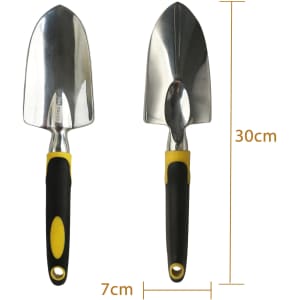 A garden hand tool set featuring a trowel and hand spade with yellow and black grips. The tools are metallic.