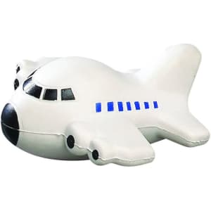 A white aircraft-shaped stress reliever with blue detailing and a black nose, featuring a logo on its side.