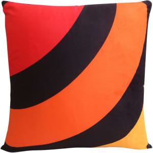 A square cushion featuring bold red, orange, black, and yellow swirls with a smooth texture and a logo.
