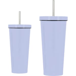 A drink bottle set featuring two light purple double wall stainless steel tumblers with straws and a logo.