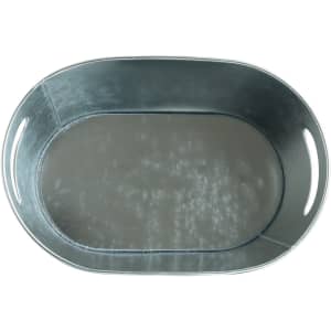 An oval ice bucket in a silver colour with a reflective surface and two side handles.