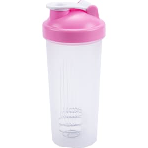 A drink bottle with a clear body and a pink lid, featuring a mixer ball inside and a logo.