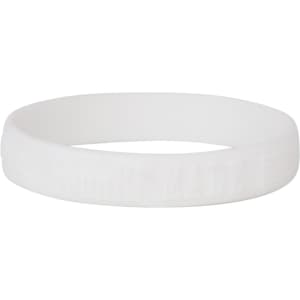 An embossed white silicone wristband with a logo, featuring a smooth surface and a circular form.