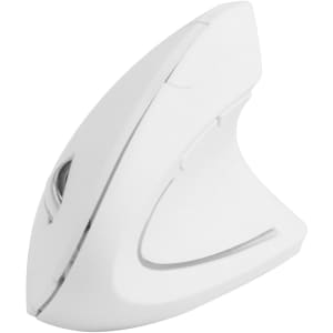 An ergonomic wireless mouse in white, featuring a sleek, modern design and a curved shape for comfort.