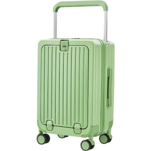 A green hardside suitcase with a textured design, retractable handle, and wheels for easy mobility.