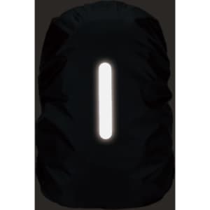 A black reflective backpack rain cover featuring a vertical reflective strip. It has a simple design and a logo.