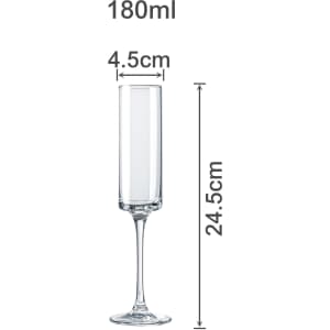 A straight champagne flute, clear glass, measuring 180ml with a height of 24.5cm and a diameter of 4.5cm.