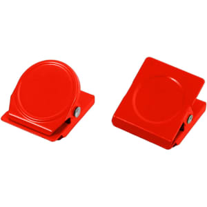 Two red metal magnetic clips positioned side by side, featuring a round design and a simple clasp mechanism.