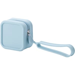 A light blue square silicone coin pouch with a zip closure and a carrying strap. It features a logo on the side.