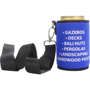 A drink bottle holder in blue with a silver clip, featuring a list of services in white text.
