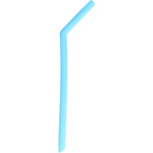 A reusable silicone straw in a light blue colour. The straw features a flexible design and has a logo.