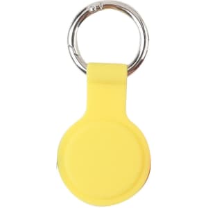 A yellow protective case for an Air Tag, featuring a metal keyring attachment.
