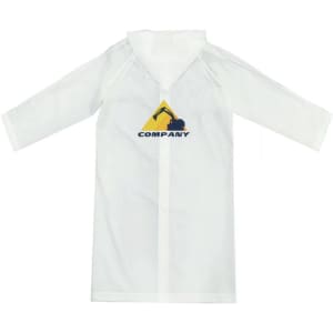A white reusable EVA raincoat with long sleeves, featuring a logo on the front.