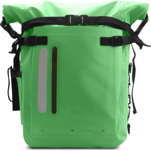 A waterproof roll top backpack in a vibrant green colour, featuring adjustable straps and a reflective strip.
