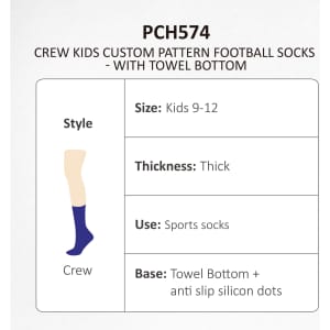 Custom-patterned crew socks in navy with a towel bottom and anti-slip silicone dots, suited for kids aged 9-12.