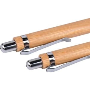 Eco Bamboo Pens featuring a natural bamboo barrel and metallic accents in silver. Two pens are shown.