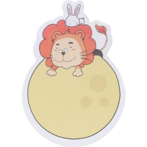 A custom-shaped sticky note featuring a cartoon lion with a rabbit on top, in yellow and white colours.