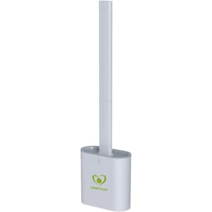 A silicone toilet brush in white, featuring a minimalist design and a holder, with a logo on the base.