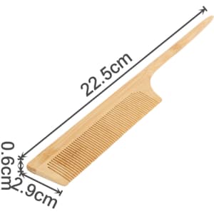 A bamboo rat tail comb featuring a long handle and fine teeth, measuring 22.5 cm in length.