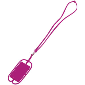 A phone holder with a silicone lanyard in bright pink, featuring a branding logo.