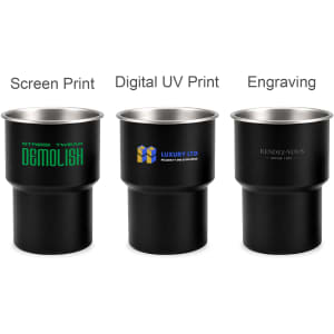 A stainless steel camping mug in black, featuring various printing options and a logo on each.