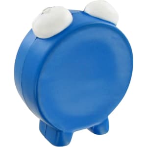 A blue alarm clock-shaped stress reliever with white ears and a flat back. It stands on small legs.