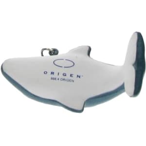 A dolphin-shaped stress reliever in white and navy, featuring a logo on its side and a keyring attachment.
