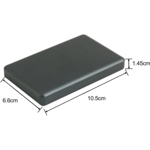 A black, rectangular power bank measuring 10.5cm by 6.6cm by 1.45cm with a logo on the surface.