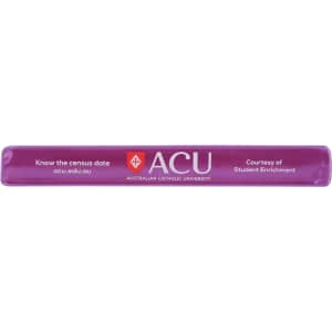 A purple reflective slap band featuring a logo and text promoting Australian Catholic University.