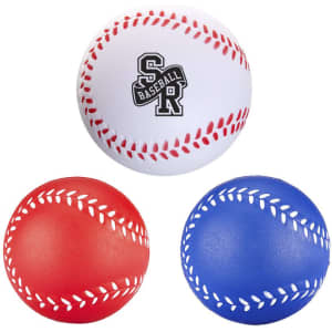 A set of three baseball-shaped stress relievers in red, blue, and white, featuring a logo on the white ball.